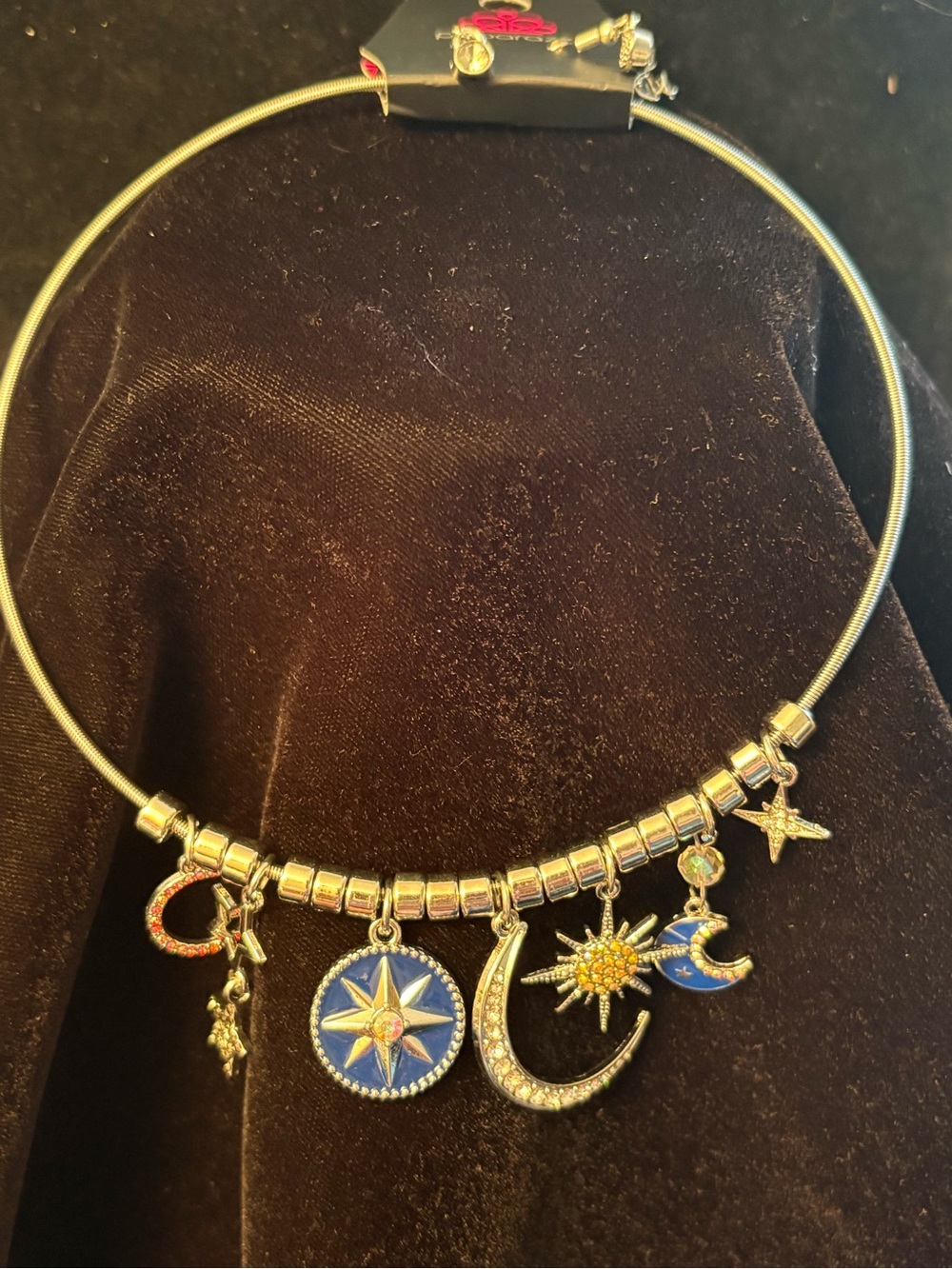 Silver-Tone Celestial Charm Necklace with Blue Enamel Accents